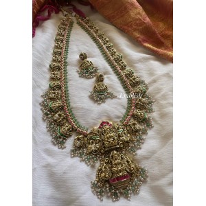 Grand Gold alike Antique Kundan Jadau Lakshmi Pendant with Lakshmi Peacock Drop Long Neckpiece - Pastel Bead