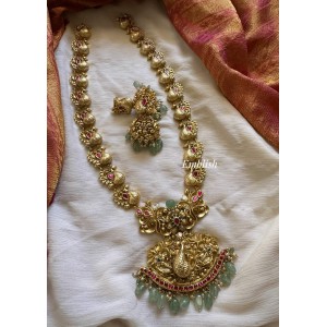 Gold alike Antique Kundan Jadau Grand Peacock Pendant Flower Non Idol Long Neckpiece - Pastel Beads