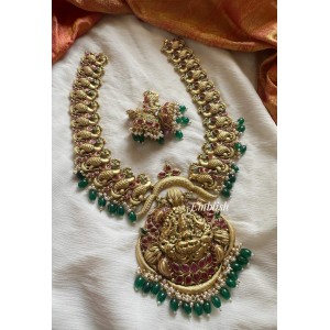 Gold alike Lakshmi with Double Peacock Long Neckpiece - Green Beads
