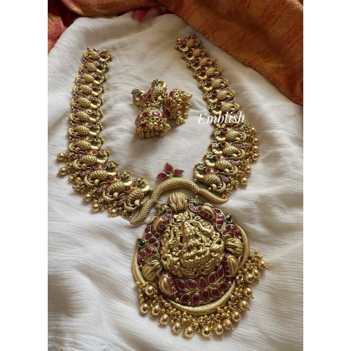 Gold alike Lakshmi with Double Peacock Long Neckpiece - Gold Beads