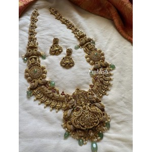 Royal Gold alike Antique Flower Double Peacock Lakshmi Mahal with Lakshmi coin Pastel Bead Long Neckpiece