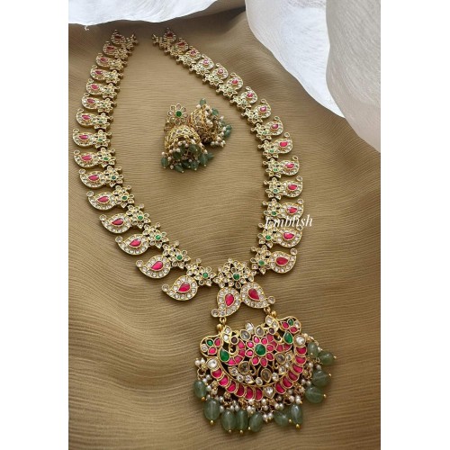 Grand Royal Antique Kundan Jadau Flower Peacock Pendant Mango Long Neckpiece - Pastel Beads Grand Royal Antique Kundan Jadau Flower Peacock Pendant Mango Long Neckpiece - Pastel Beads