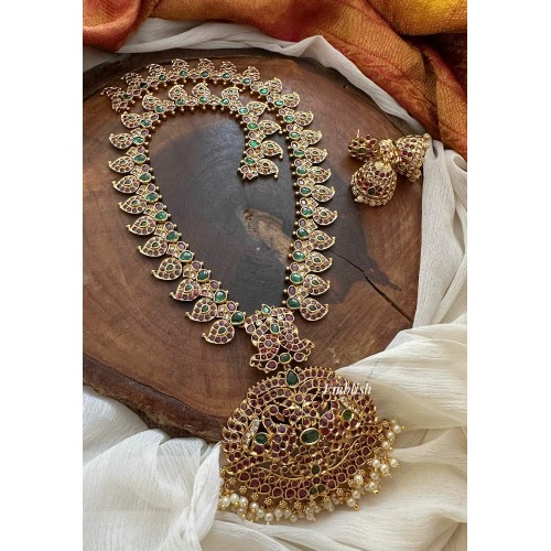 Antique Kemp Double Peacock Pendant Mango Pearl Drop Long Neckpiece