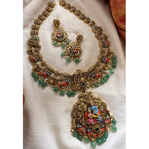 Grand Antique Meenakari Krishna Radha Pendant Haathi Peacock Long Neckpiece 