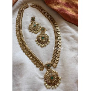 Antique Flower AD Kemp Peacock Pendant Laskhmi Coin long Neckpiece 