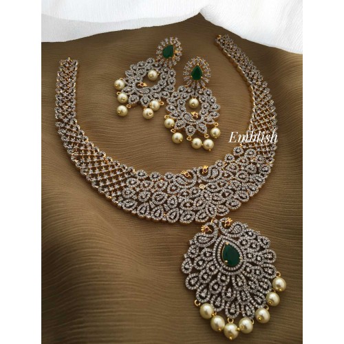 AD stones Pearl drop Peacock neckpiece- Green