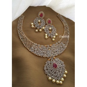 AD stones Pearl drop Peacock neckpiece-RED