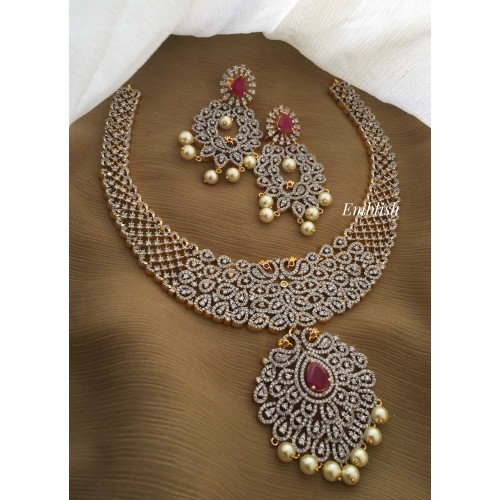 AD stones Pearl drop Peacock neckpiece-RED