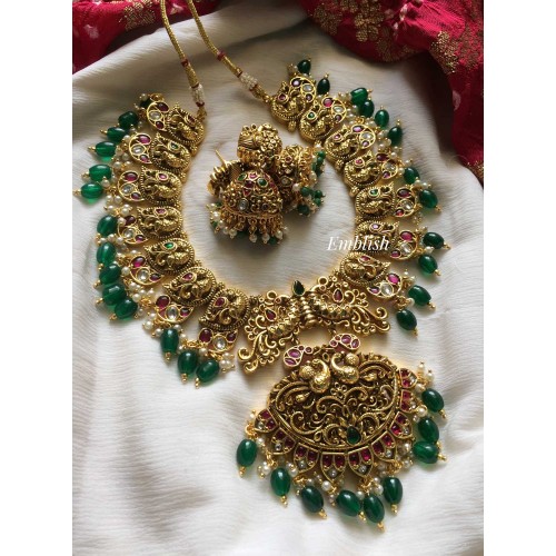 Non idol Gold alike Peacock green beads drop neckpiece-short