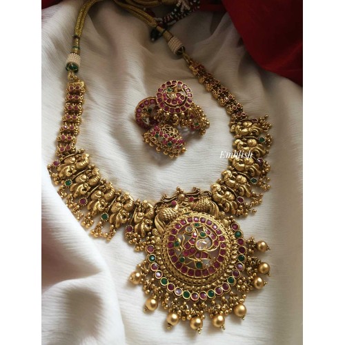 Antique Gold alike Peacock with Double Beads Short neckpiece 