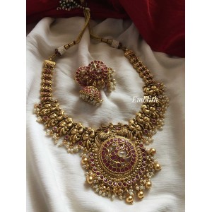 Antique Gold alike Peacock with Double Beads Short neckpiece - Red