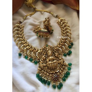 Antique Gold alike Lakshmi Haathi with Flower Neckpiece - Green