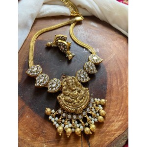 Kundan Jadau Ganesha Simple Pendant chain set - White