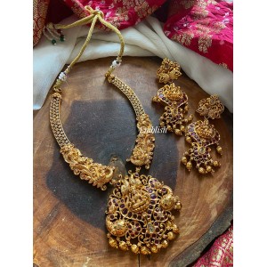 Antique Gold alike  Lakshmi with Double Peacock Neckpiece - Red