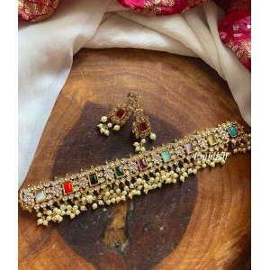 AD stone Navarathna with Pearl High neck choker