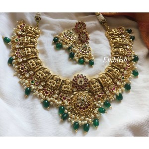 Antique Gold alike Flower with Lakshmi Neckpiece - Green beads