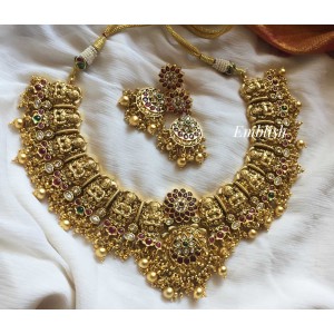 Antique Gold alike Flower with Lakshmi Neckpiece - Gold beads