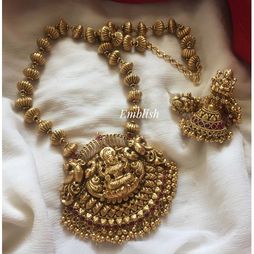 Antique gold a like Lakshmi haathi with gold beads Neckpiece -Red