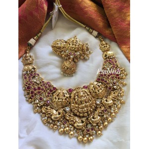 Antique Lakshmi Gold alike Peacock with Double Beads Neckpiece - Red