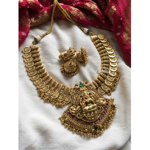 Antique Gold alike Lakshmi with double Peacock Lakshmi coin Neckpiece - Gold Beads.