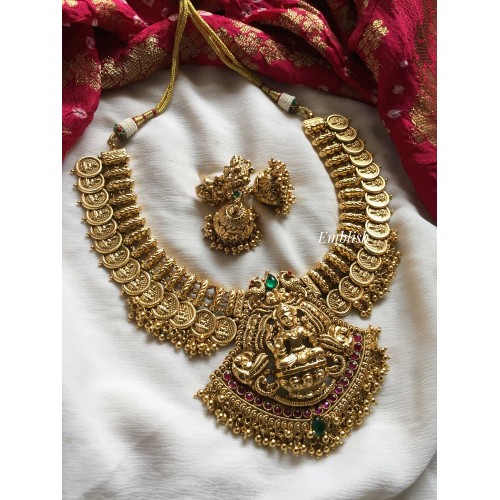 Antique Gold alike Lakshmi with double Peacock Lakshmi coin Neckpiece - Gold Beads.