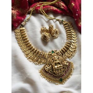 Antique Gold alike Lakshmi with double Peacock Lakshmi coin Neckpiece - Pearl Beads.