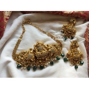 Gold alike Lakshmi with Double Peacock high neck choker - Green Beads