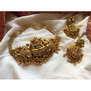 Gold alike Lakshmi with Double Peacock high neck choker - Gold Beads