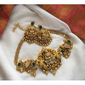 Gold alike Lakshmi with peacock green stone choker - Gold drops