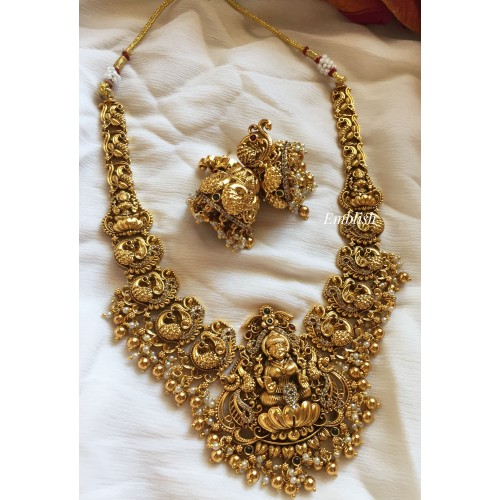 Lakshmi with Double Peacock Double Beads Neckpiece - Gold Beads