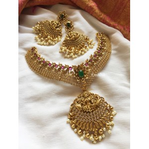 Antique Lakshmi with double peacock Flower intricate Neckpiece