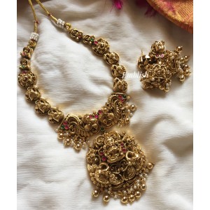 Antique Lakshmi with Intricate Double Peacock Neckpiece - Gold Beads.