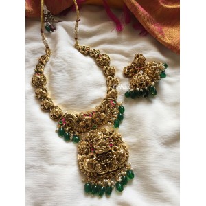 Antique Lakshmi with Intricate Double Peacock Neckpiece - Green Beads.