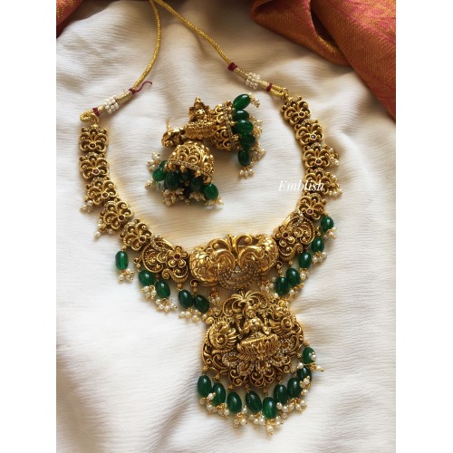 Antique 3D Lakshmi with Double Peacock Short Neckpiece - Green Beads