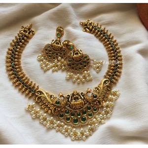 Lakshmi with Double Peacock Flower with Pearl Neckpiece - Green