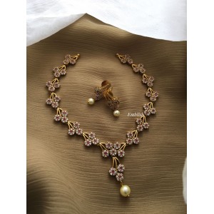 AD Triple Flower with Pearl Drop Neckpiece - Red 