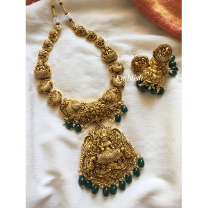 Lakshmi with double peacock Flower Short Neckpiece - Green Beads.