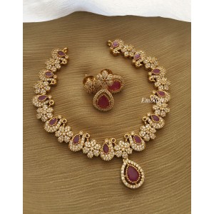 Ad flower peacock drop neckpiece-Red 