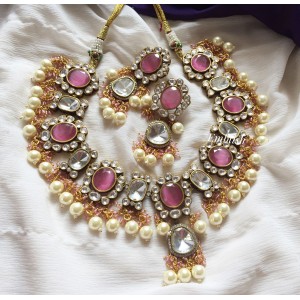 Grand Kundan Flower Pearl Drop Neckpiece - Pastel pink