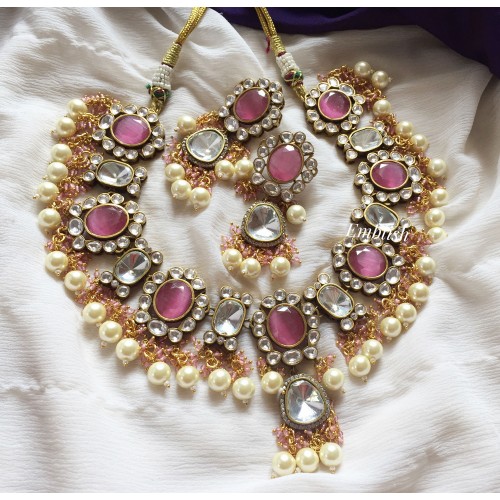 Grand Kundan Flower Pearl Drop Neckpiece - Pastel pink