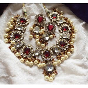 Grand Kundan Flower Pearl Drop Neckpiece - Red