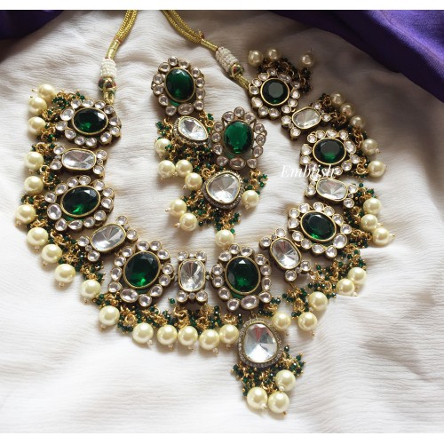 Grand Kundan Flower Pearl Drop Neckpiece - Green