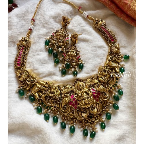 Kundan Jadau Lakshmi with Double Peacock haathi Neckpiece - Green Beads