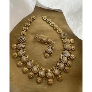 Gold look alike AD Peacock  Lakshmi coin drop Midlenght Neckpiece