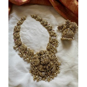 Gold alike Antique AD Lakshmi with Peacock Haathi Short Neckpiece - Gold Beads