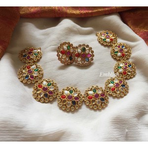 Navrathna flower round neckpiece 