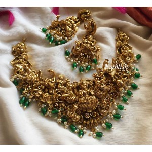 Antique Lakshmi intricate work green beads short neckpiece 