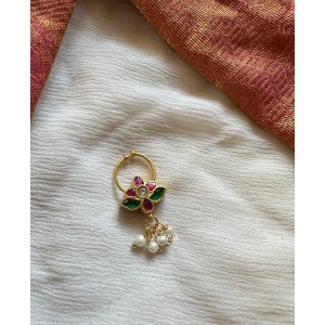 Kundan Jadau Beautiful Flower Pearl Drop Septum Nose Pin Kundan Jadau Beautiful Flower Pearl Drop Septum Nose Pin