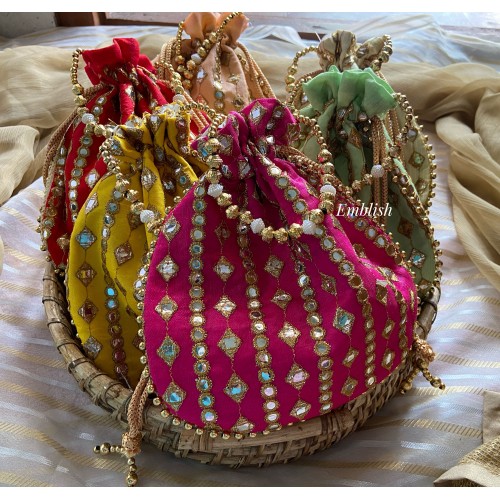 Mirror work Gold Bead Potli Bag Return Gifts. 