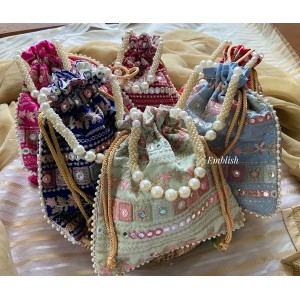 Mirror work Pearl Handle Potli Bag Return Gifts. - Set of 4